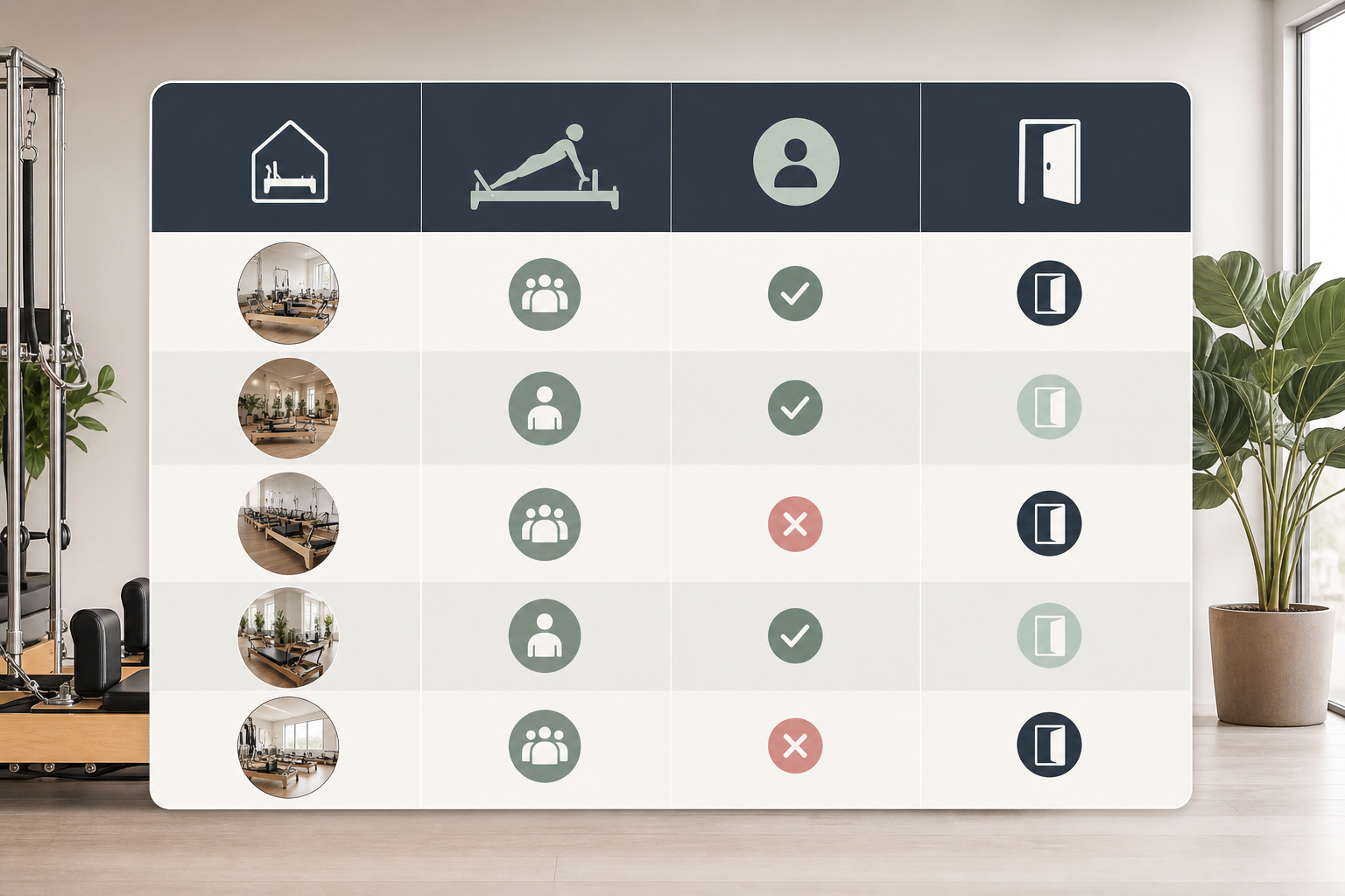 A clean, easy-to-read comparison table infographic showing columns for Studio Name, Session Type, Tr