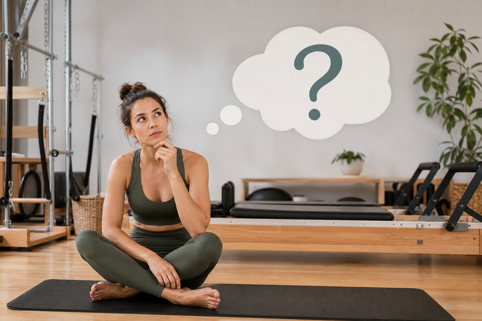 An illustration representing frequently asked questions about pilates, featuring a speech bubble ico
