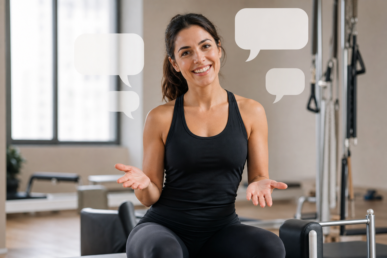 An illustration of a helpful female instructor answering common questions in a speech bubble format.
