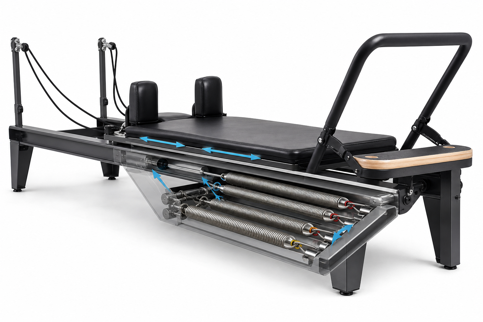 Detailed illustration of a Pilates reformer machine, showing the springs and carriage mechanism, cle