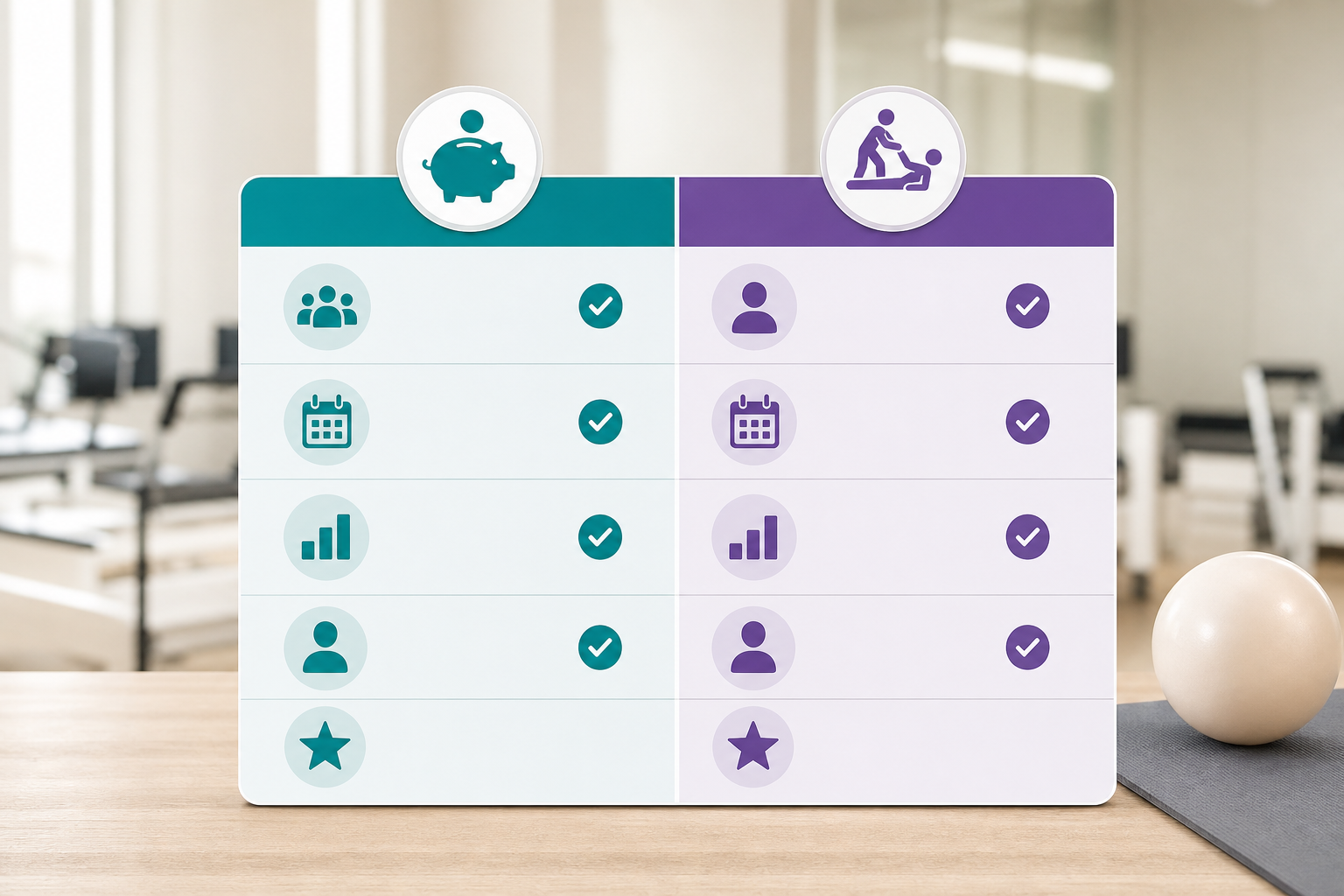 Comparison table visualization showing different price points for Pilates trial lessons, icons repre