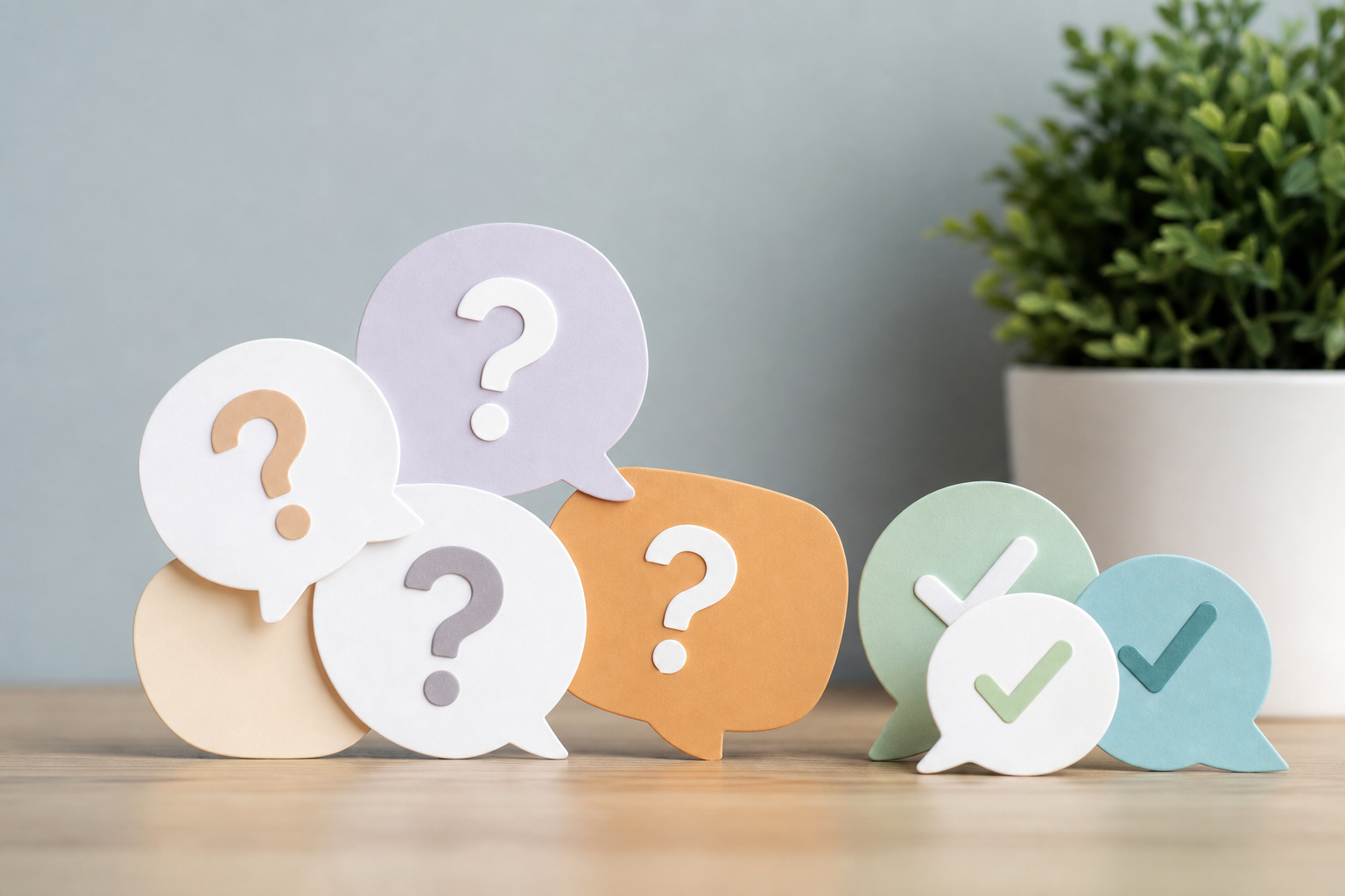 Helpful conceptual illustration representing an FAQ section, speech bubbles with question marks and 