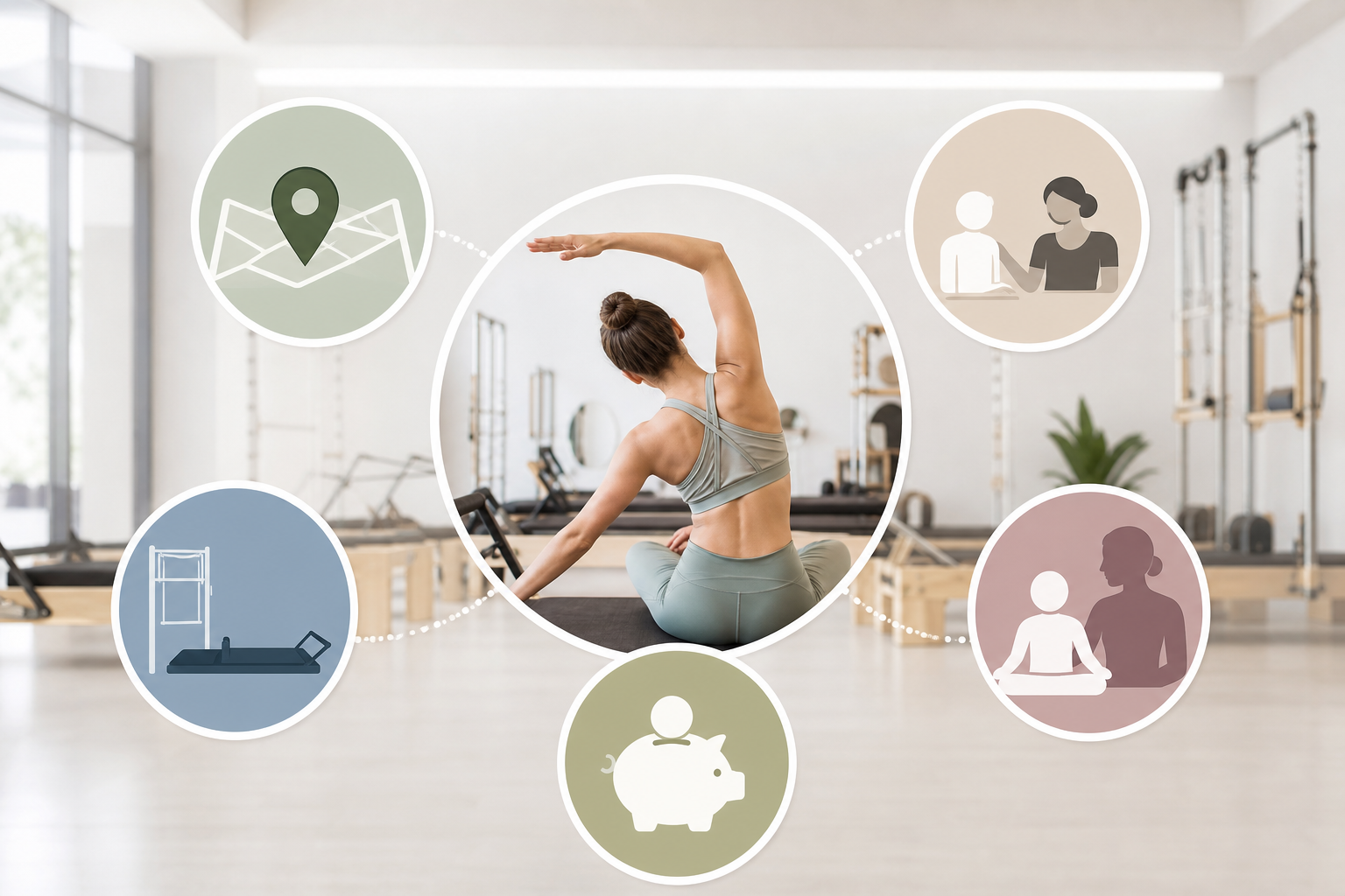 An educational infographic showing 5 icons representing key factors for choosing a Pilates studio: l