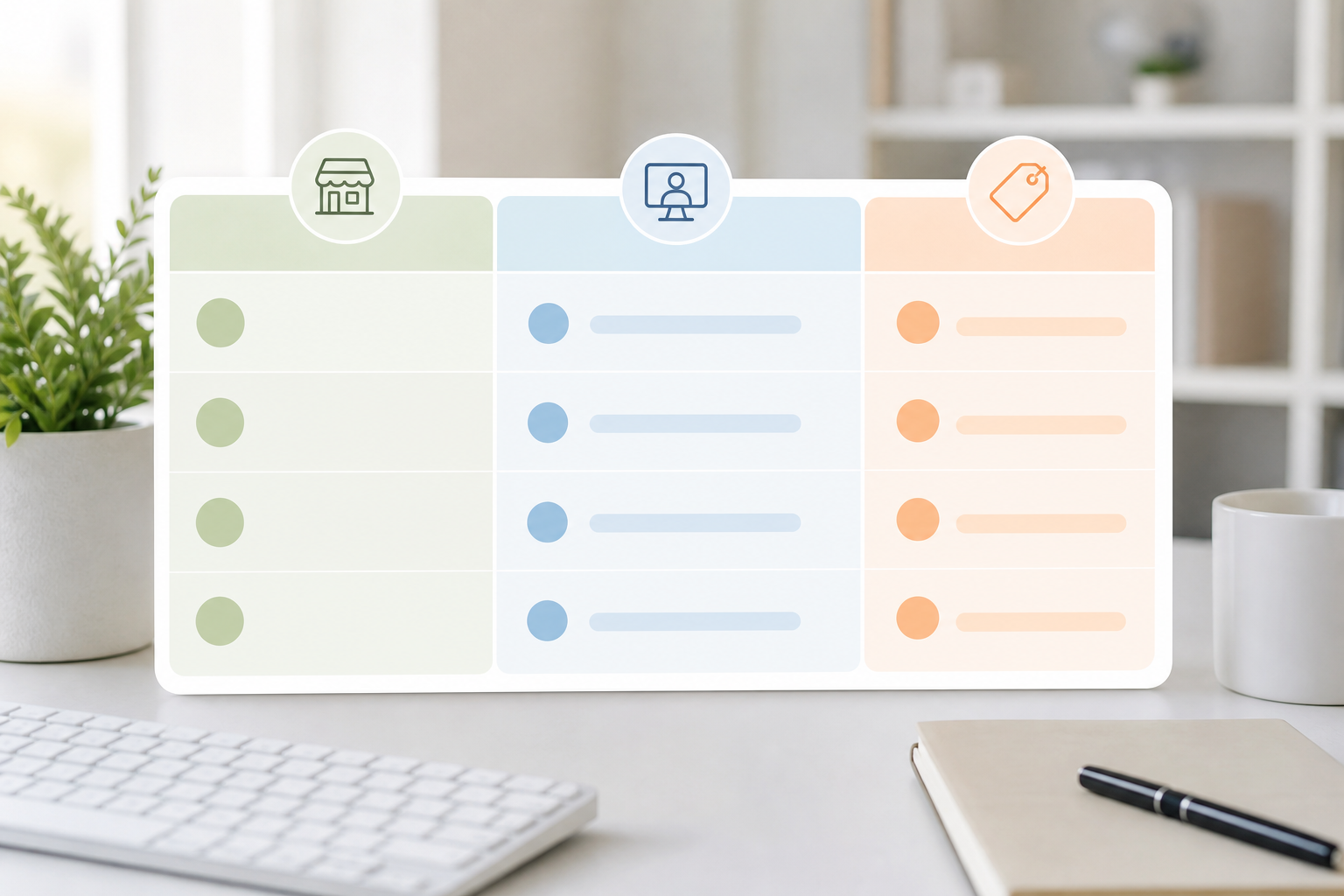 A clean, organized comparison table design layout showing columns for studio name, lesson format, an