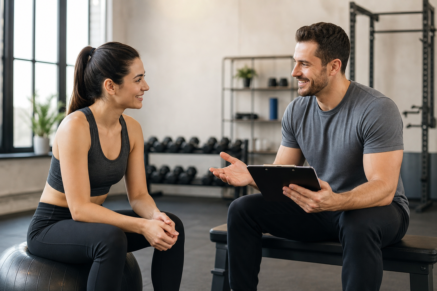 A warm and inviting illustration of a friendly instructor talking to a beginner student, both smilin