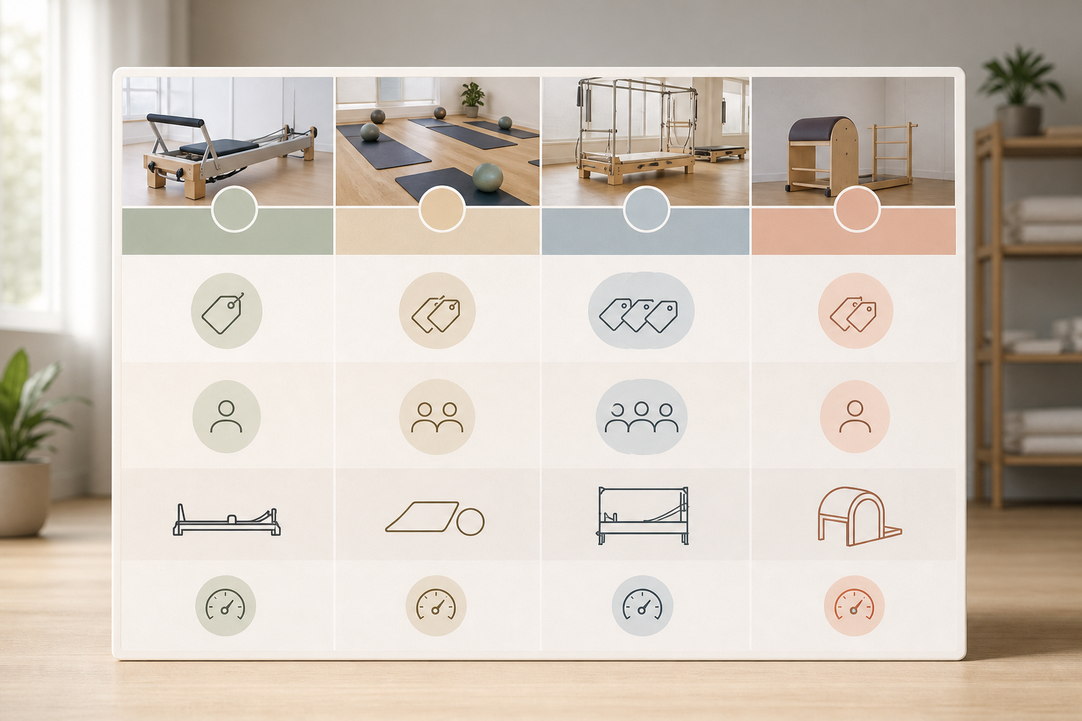 An infographic-style illustration showing a comparison chart for pilates studios, with icons represe