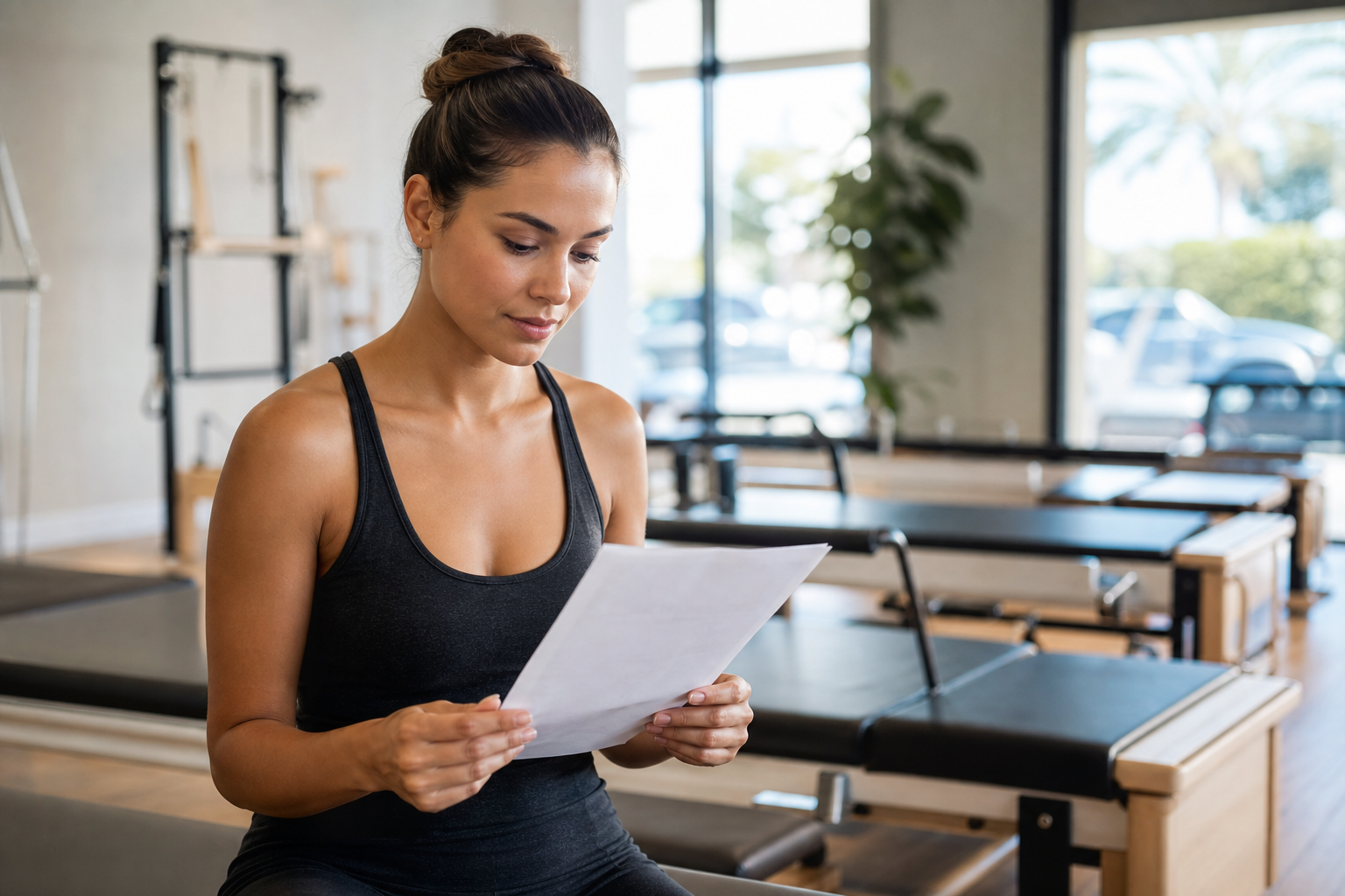 An illustration of a woman thoughtfully reading a contract or document in a Pilates studio, subtle a