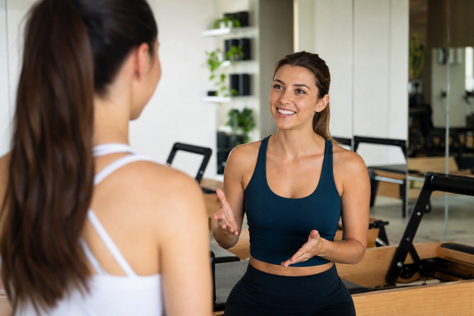 A friendly female pilates instructor talking to a newcomer client in a bright studio, the instructor