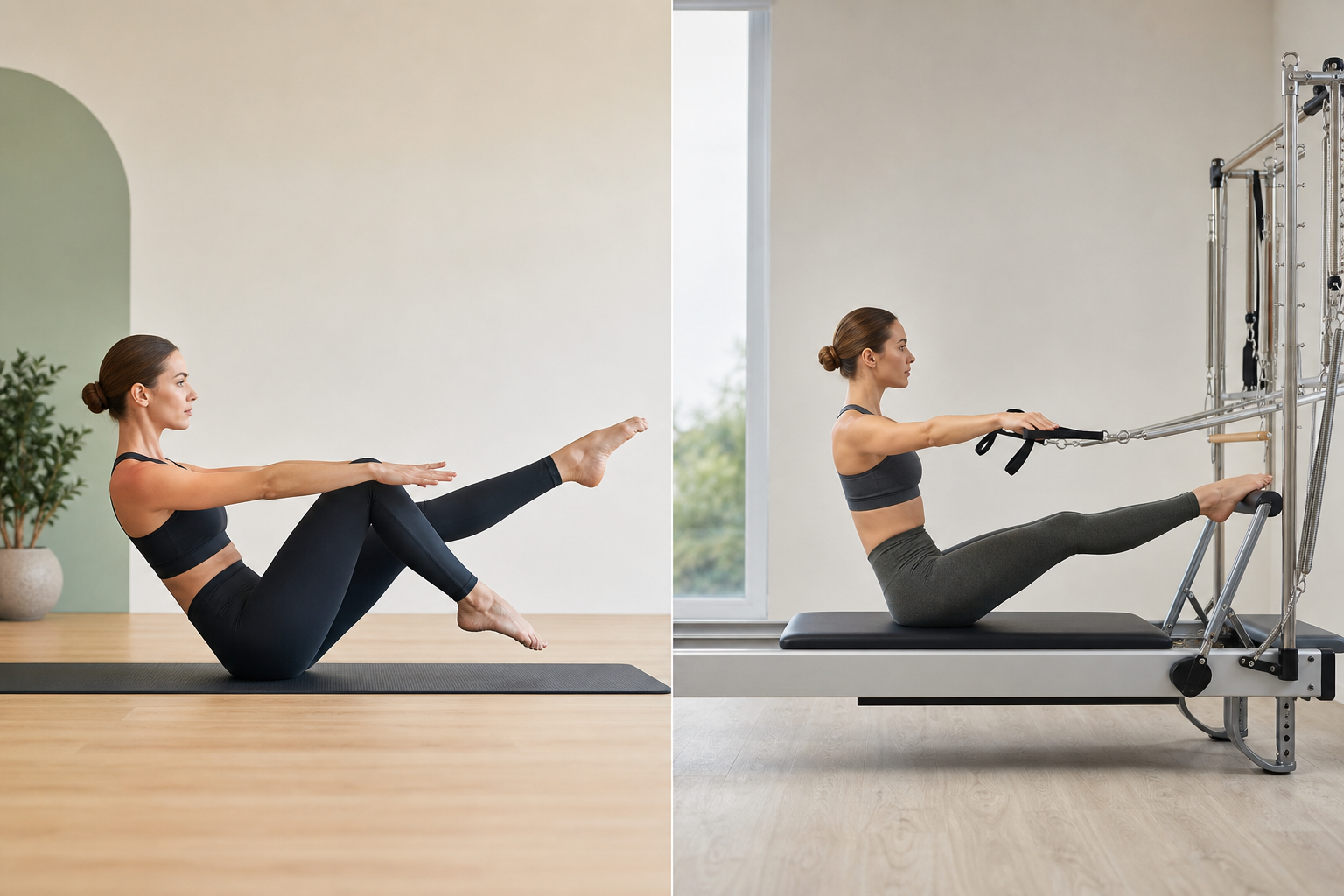 An informative comparison illustration side-by-side: on the left, a person doing Pilates on a floor 