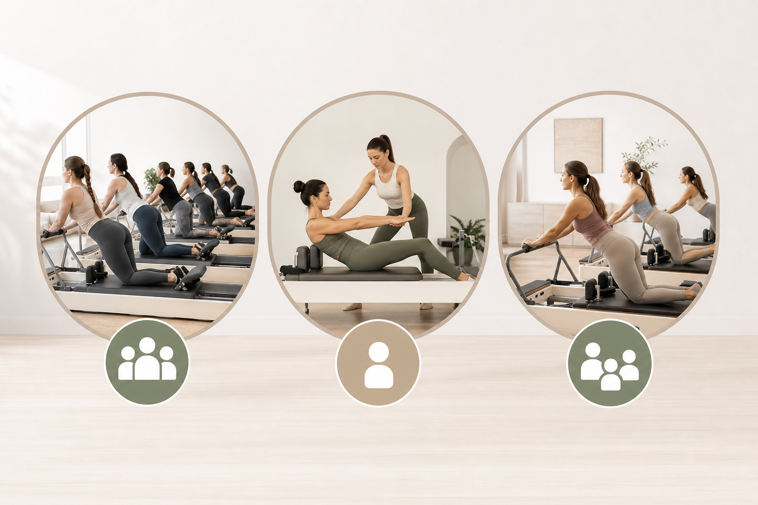 An infographic or comparison illustration showing the difference between three types of Pilates less
