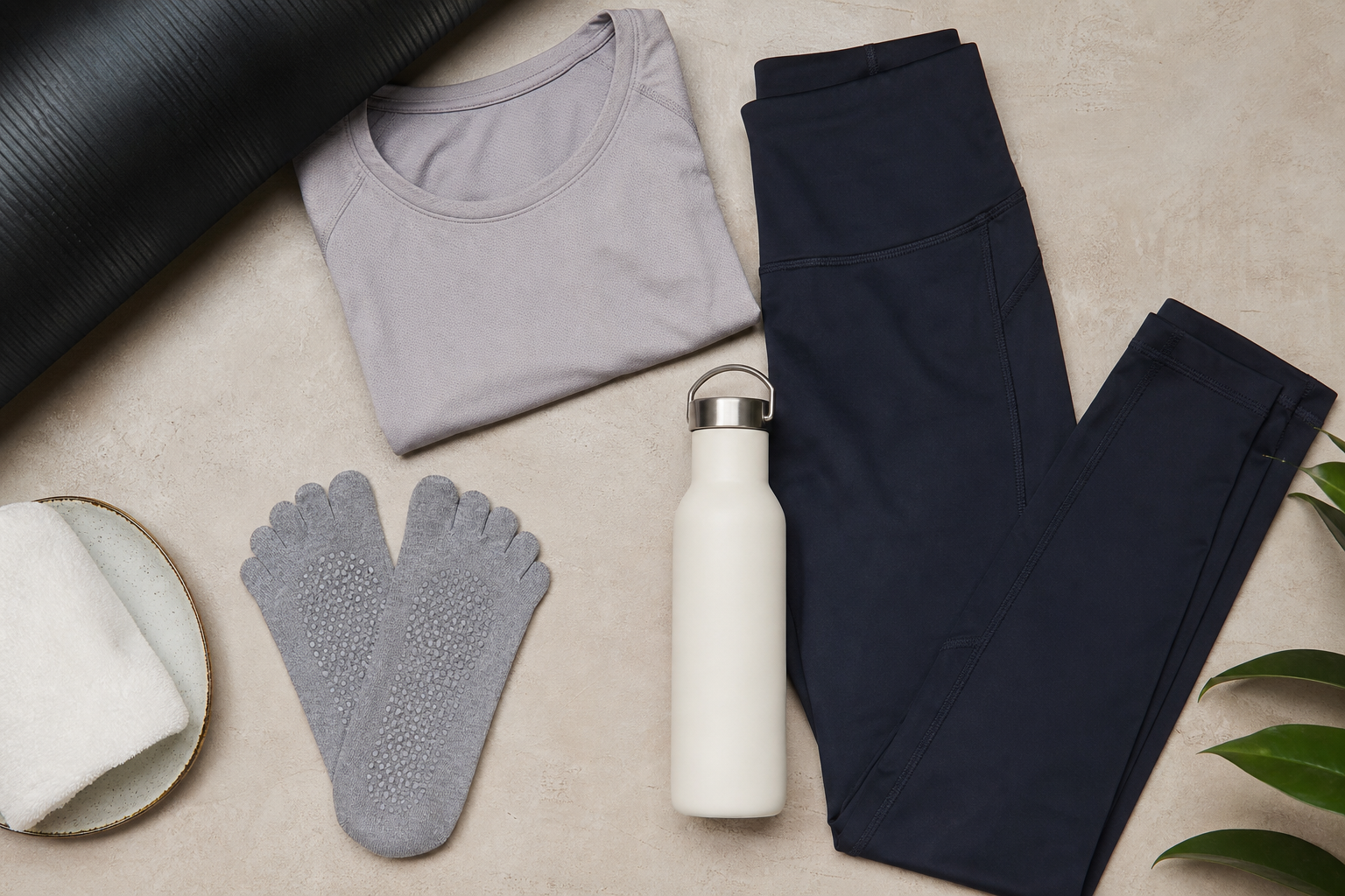 A flat-lay photograph of Pilates essentials neatly arranged on a studio floor: a pair of non-slip so