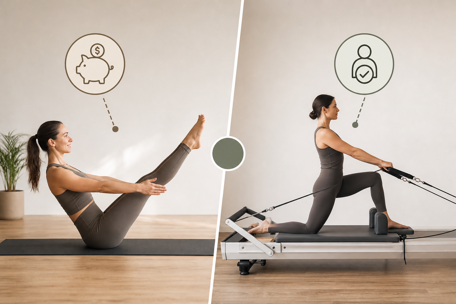 An educational infographic comparing mat pilates and machine pilates side-by-side. The left side sho