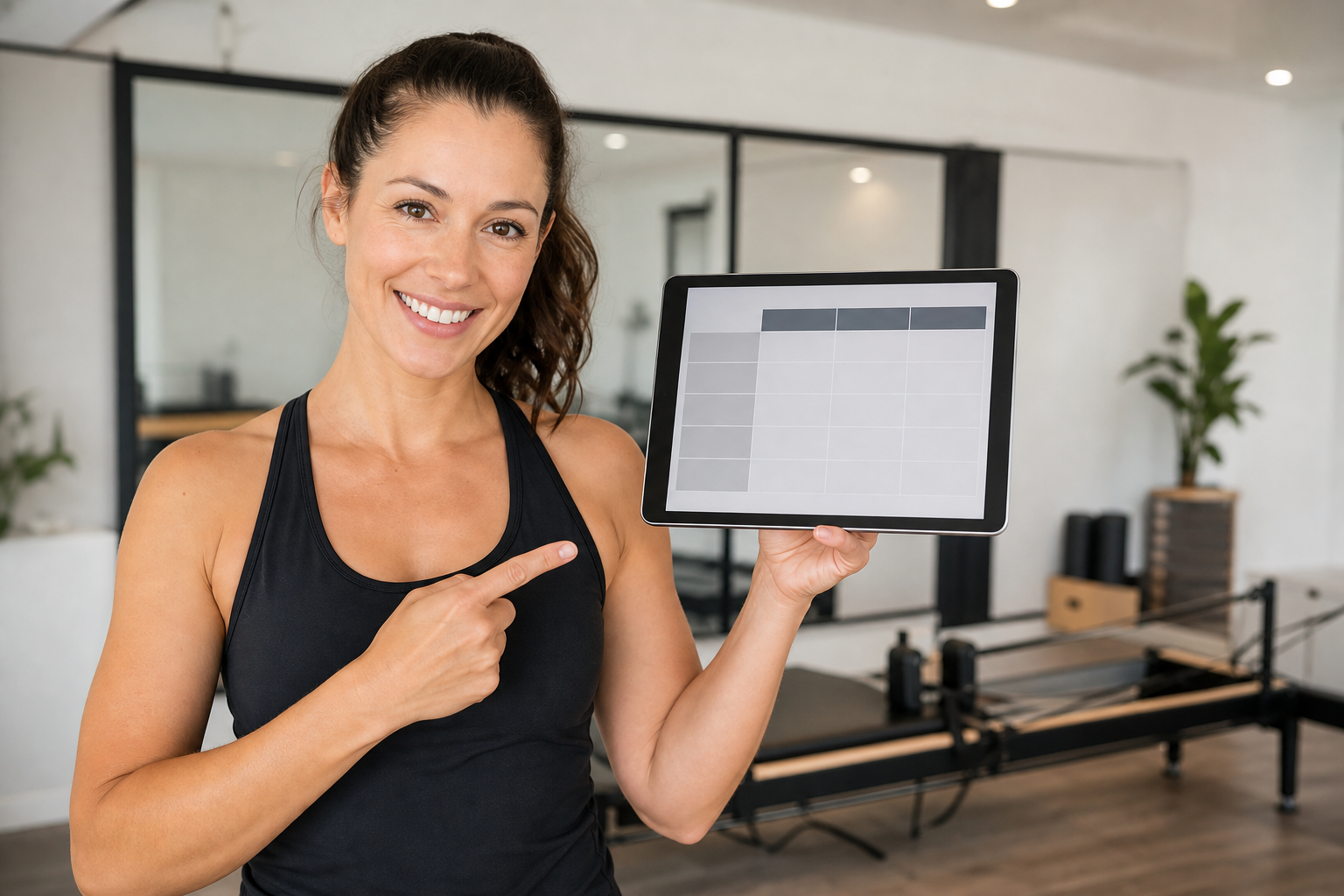 A professional female pilates instructor smiling and pointing towards a comparison table on a digita