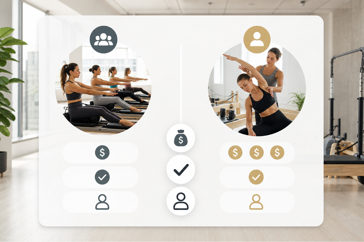 A clean and professional infographics chart comparing different pilates studio options, showing icon