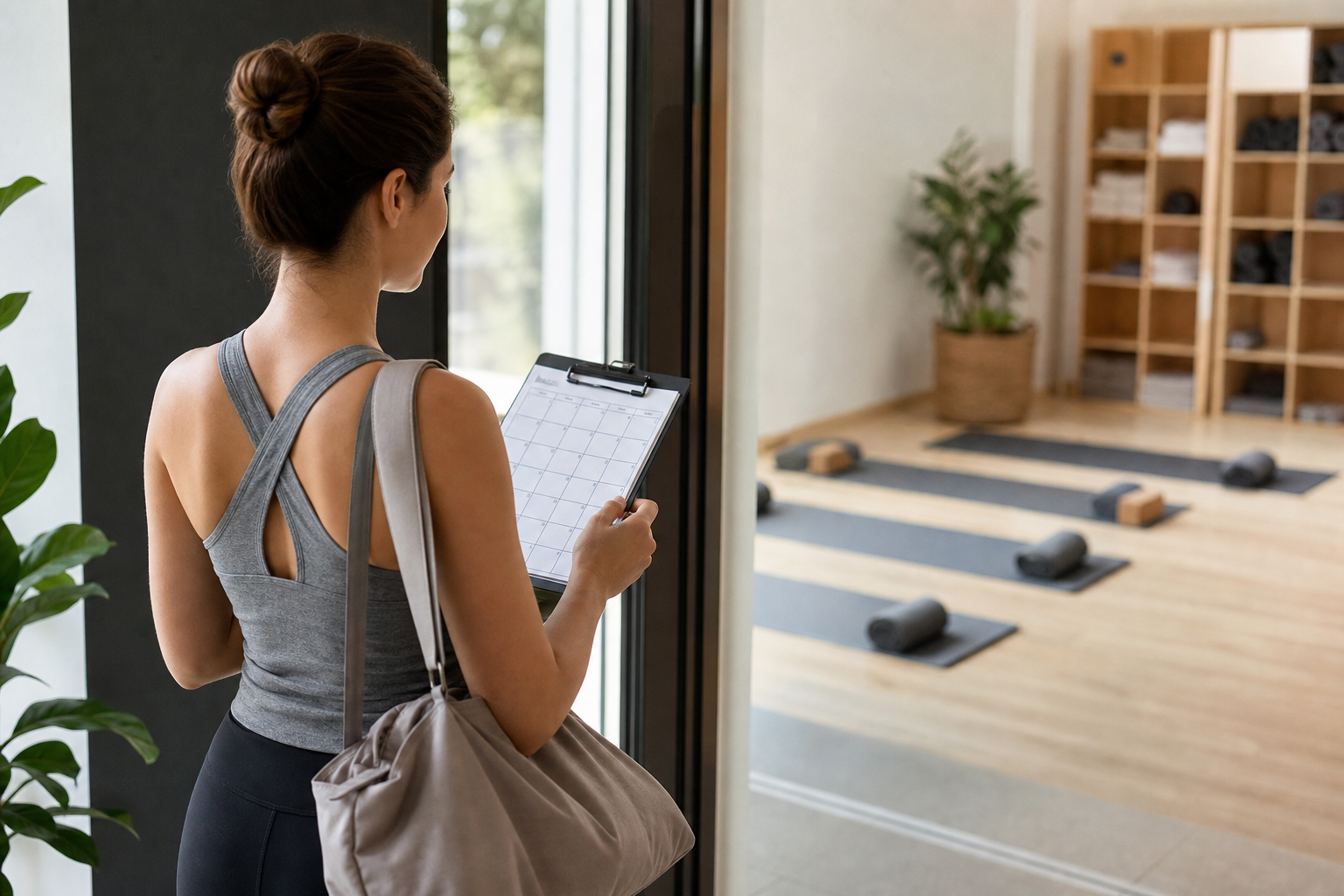 Conceptual illustration showing a person checking a checklist or calendar before entering a studio, 