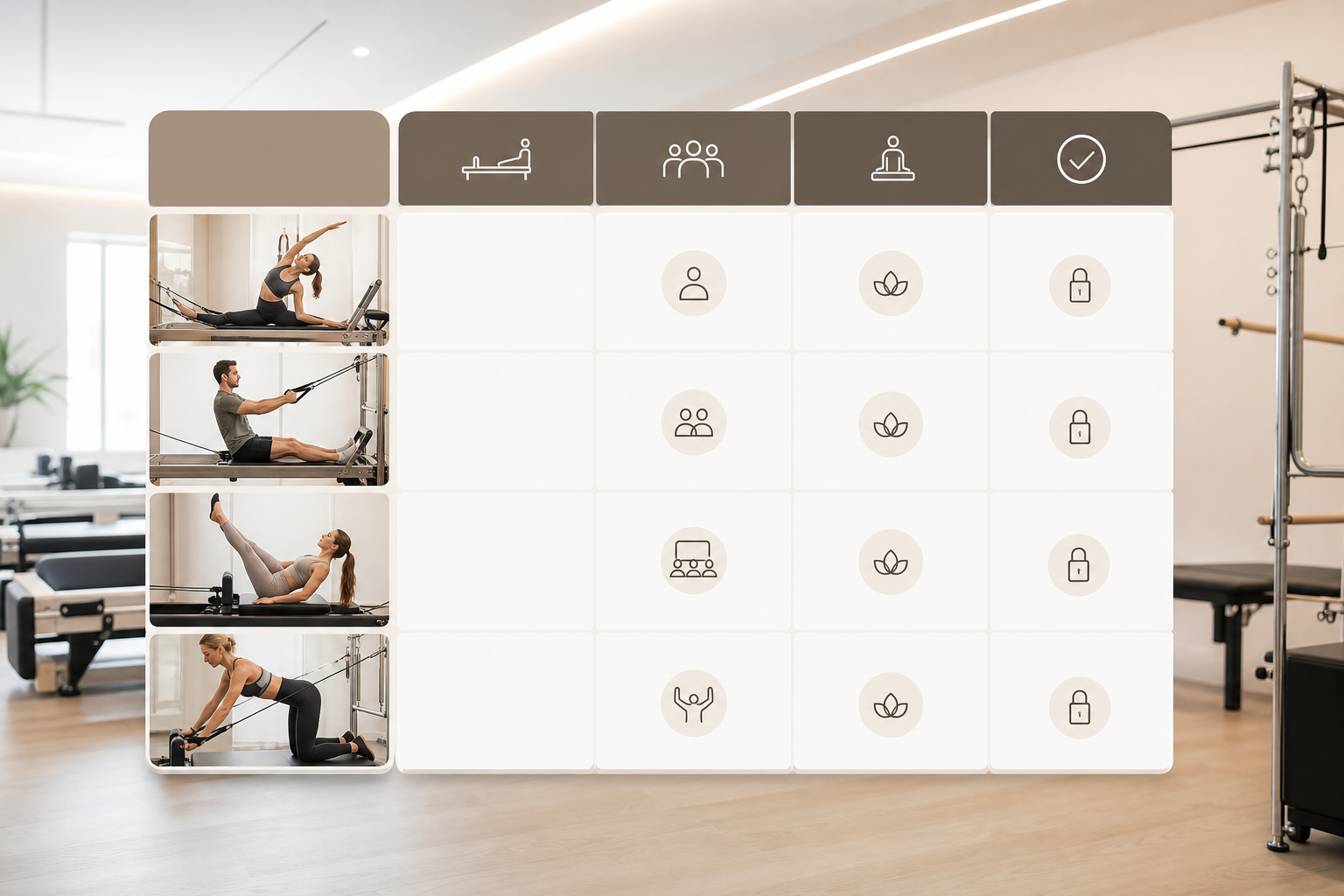 A modern, professional comparison table design concept for fitness studios. Columns for studio name,