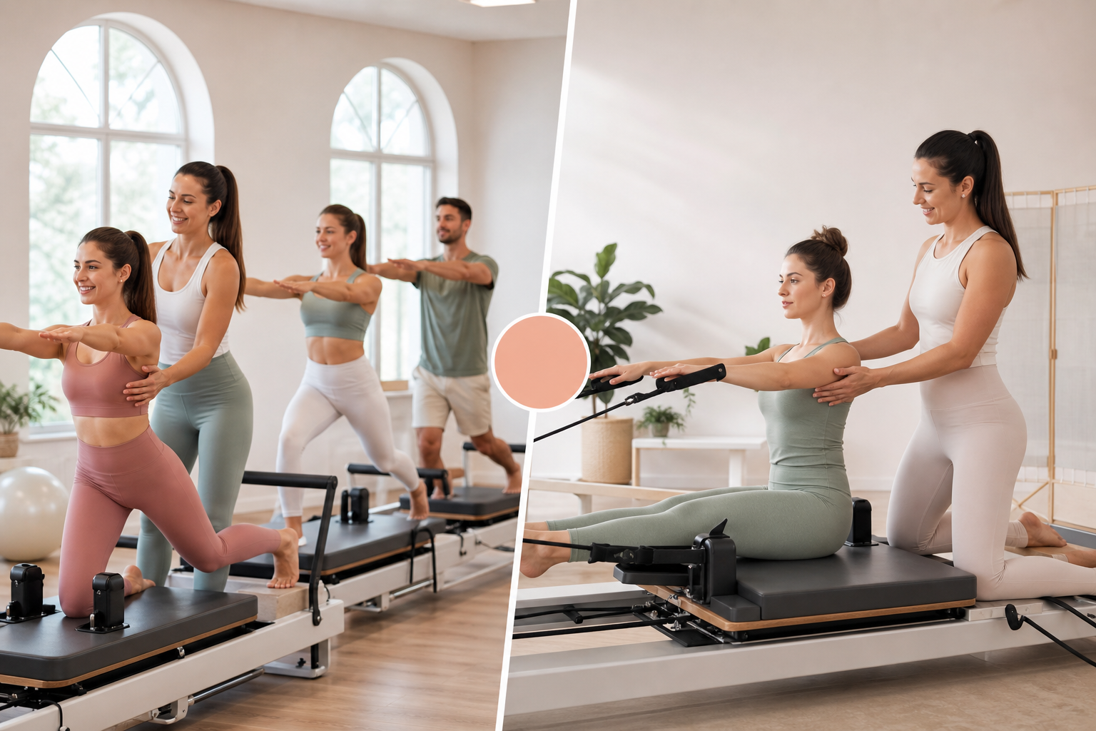 An infographic comparing group vs personal pilates lessons. On the left side, an illustration of a c