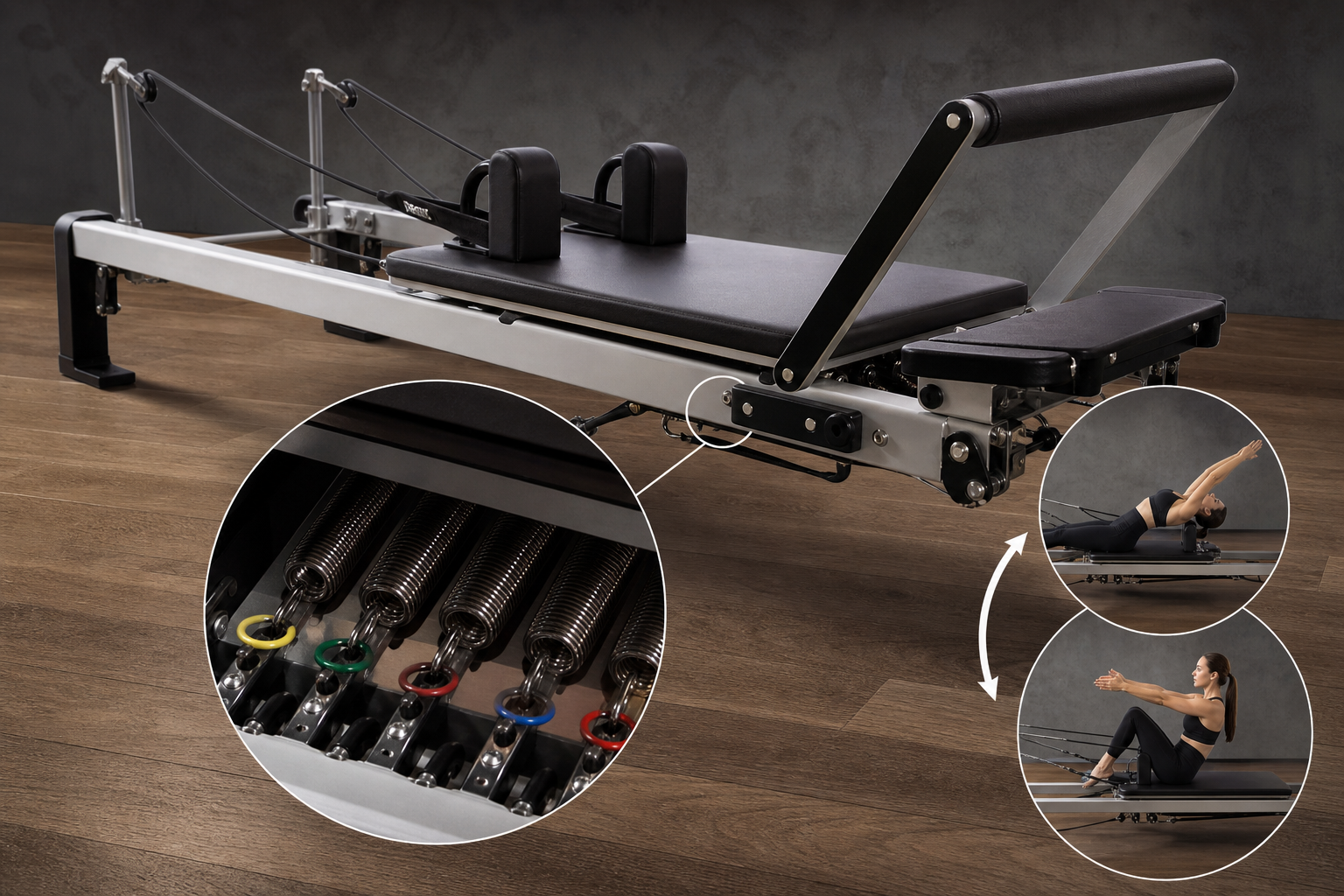 Detailed illustration of a pilates reformer machine, highlighting the spring system and the concept 