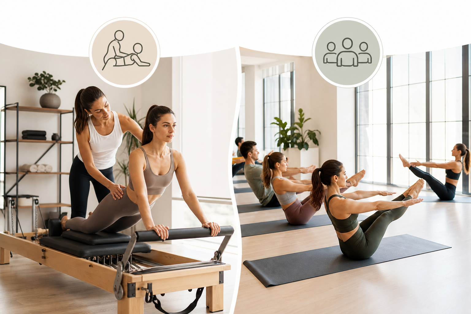 An infographic illustration comparing 'Personal Pilates' and 'Group Pilates'. On the left, a one-on-