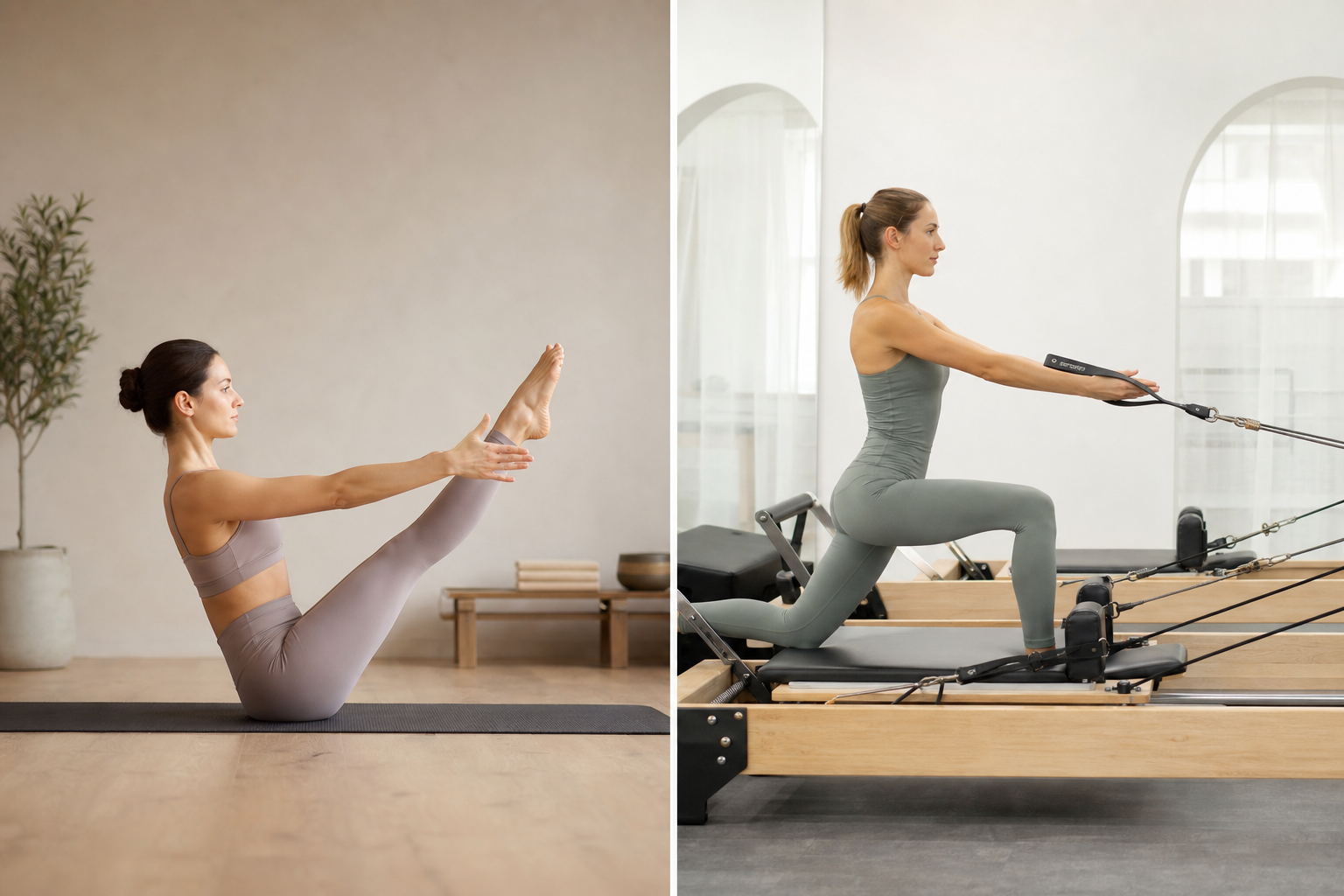 A side-by-side conceptual illustration. Left side shows a person doing simple mat pilates on a floor