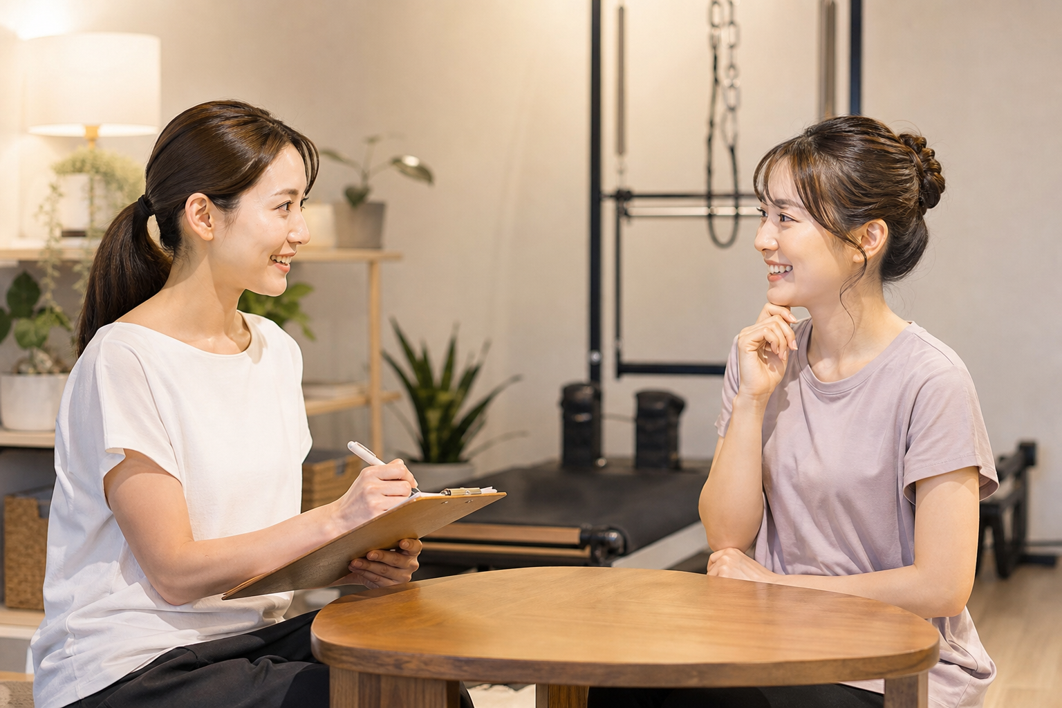 ピラティススタジオのカウンセリングルームで、インストラクターと女性が笑顔で話している様子。女性は少し悩みがあるような表情から、アドバイスを受けて納得したような明るい表情に変わっている。清潔で温かみのあ