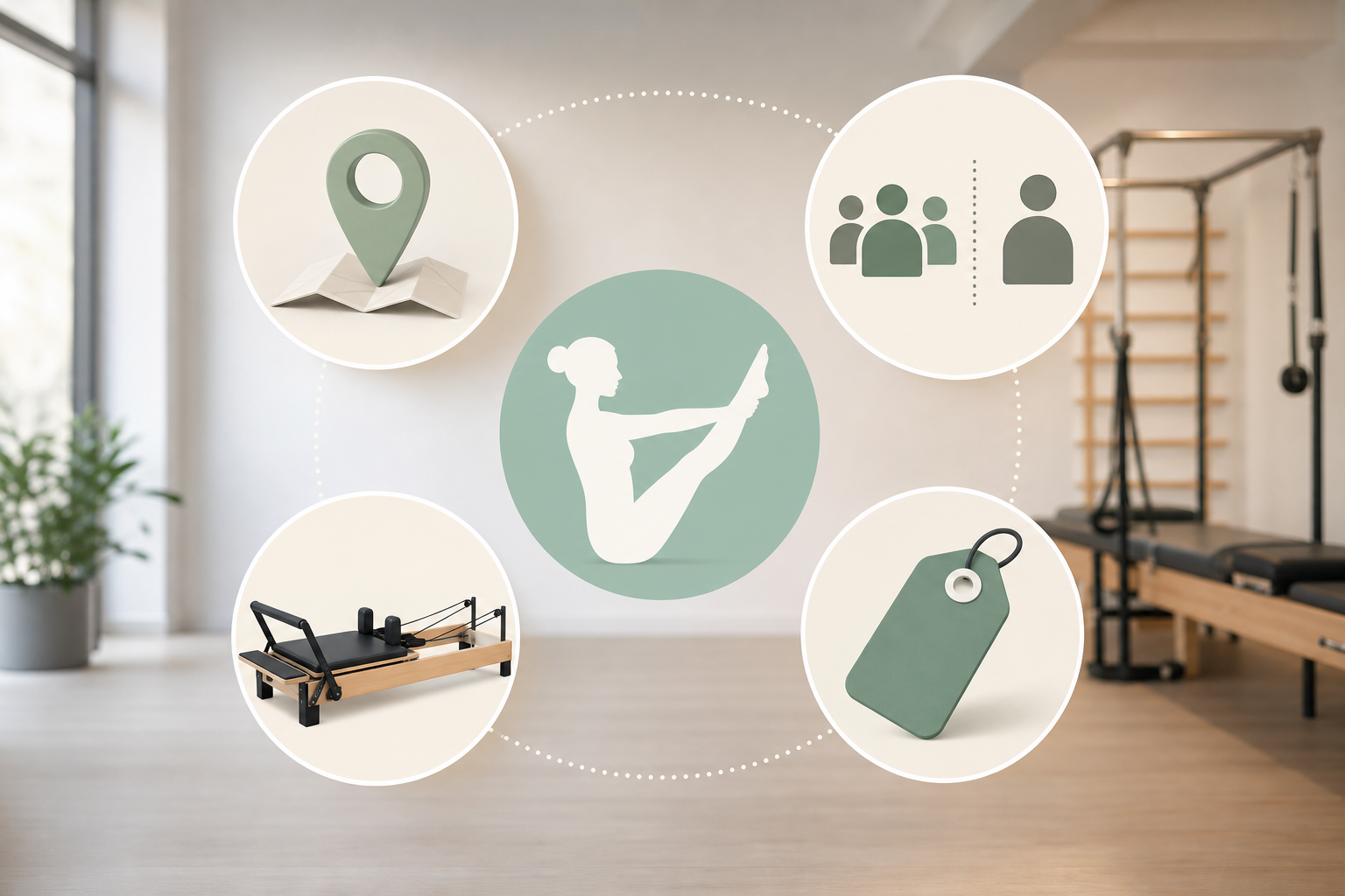 An illustration showing four key decision factors for choosing a pilates studio: a location map icon