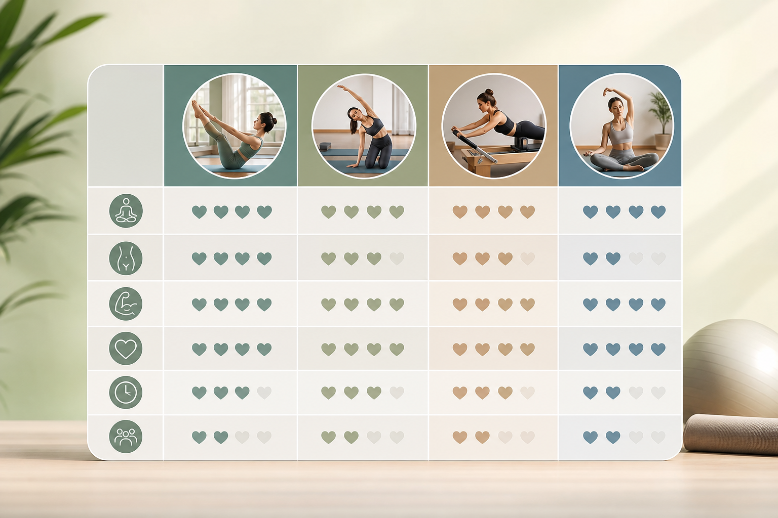 A clean and modern comparison chart graphic with professional icons representing pilates classes, he
