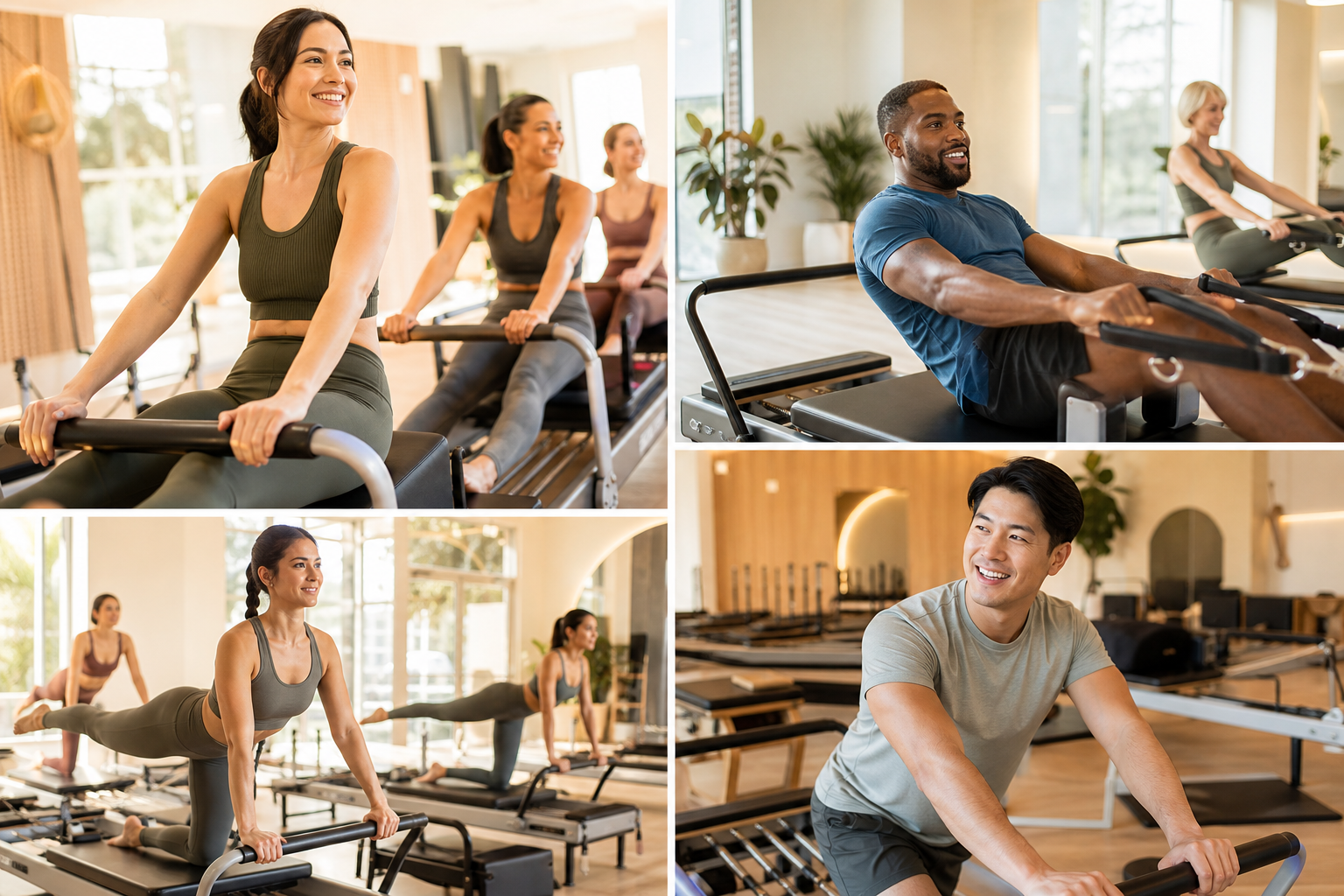 A collage style image featuring a diverse group of people in a bright, modern studio smiling and usi