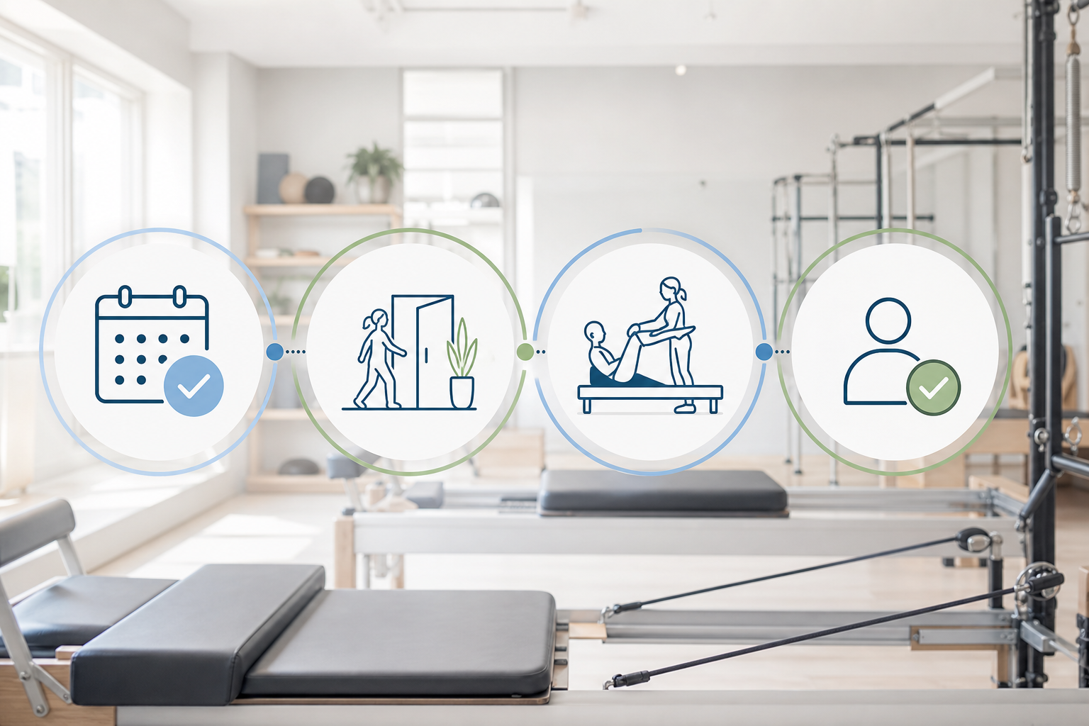 A clear, 4-step horizontal infographic showing the journey of joining a pilates studio: 1. Booking a