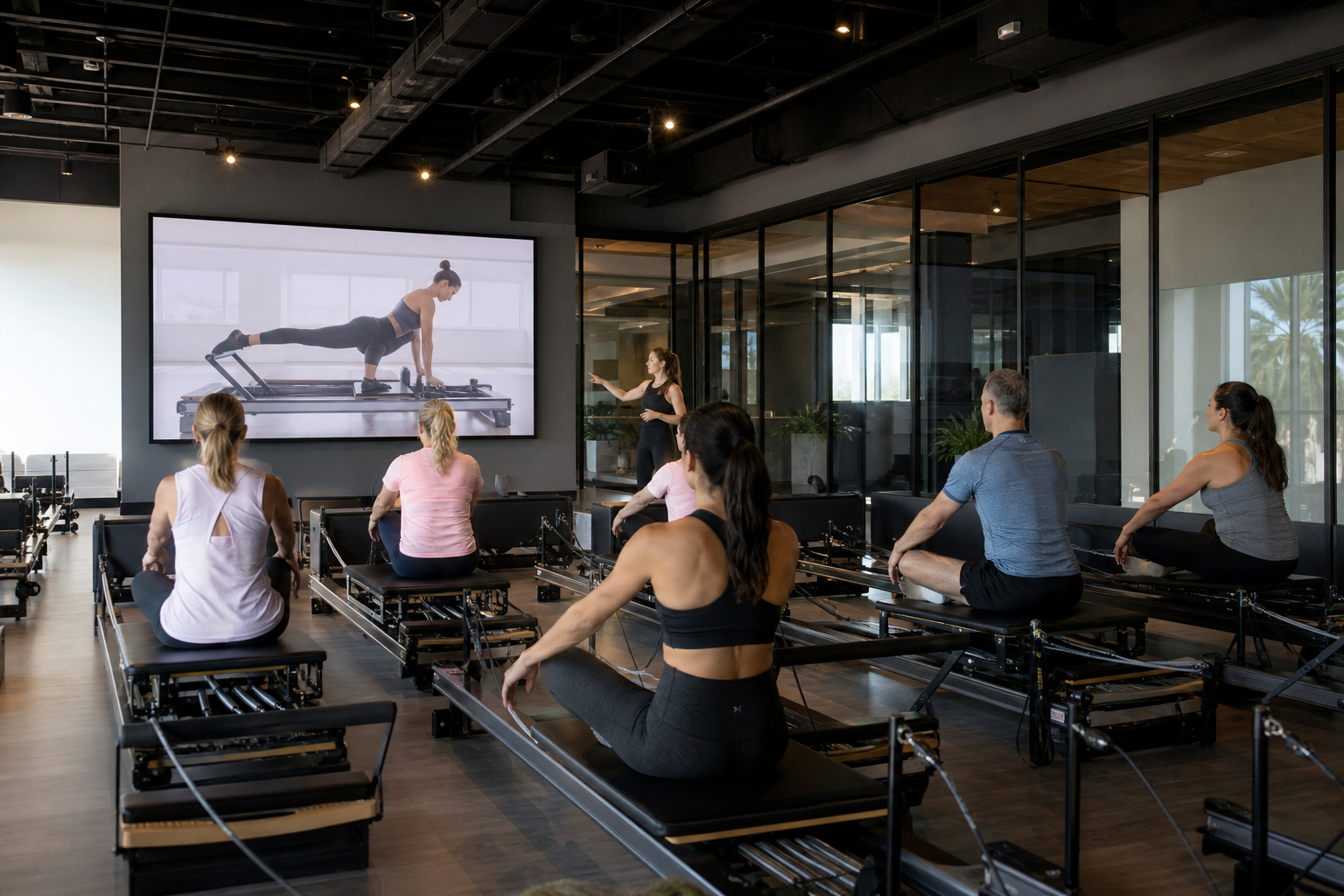 a group of people doing pilates on reformer machines in a modern studio, a large projection screen i
