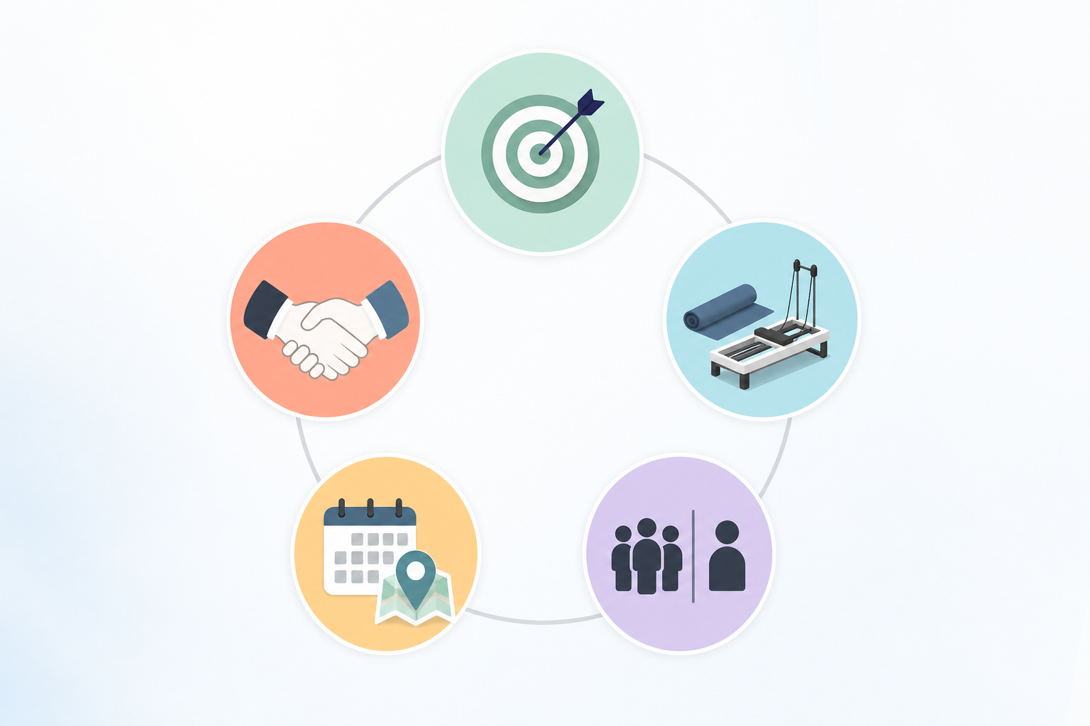 An infographic illustration showing 5 distinct icons arranged in a circle, representing: 1. Goal set