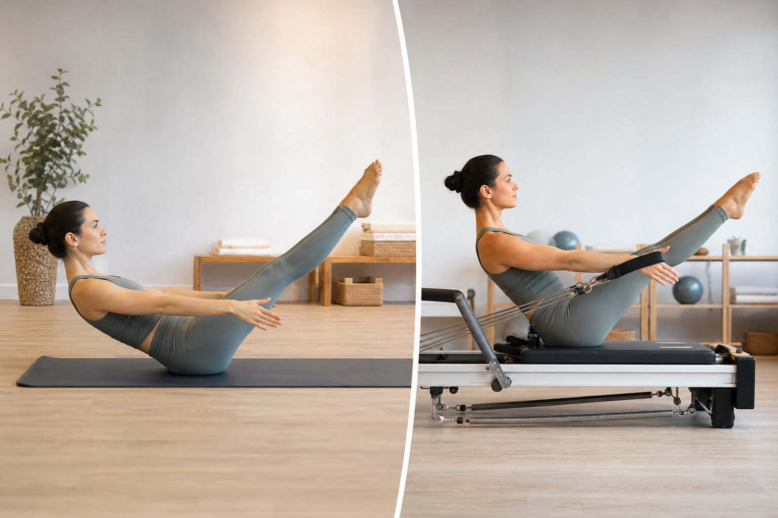 An educational illustration showing a side-by-side comparison between a person doing mat pilates and