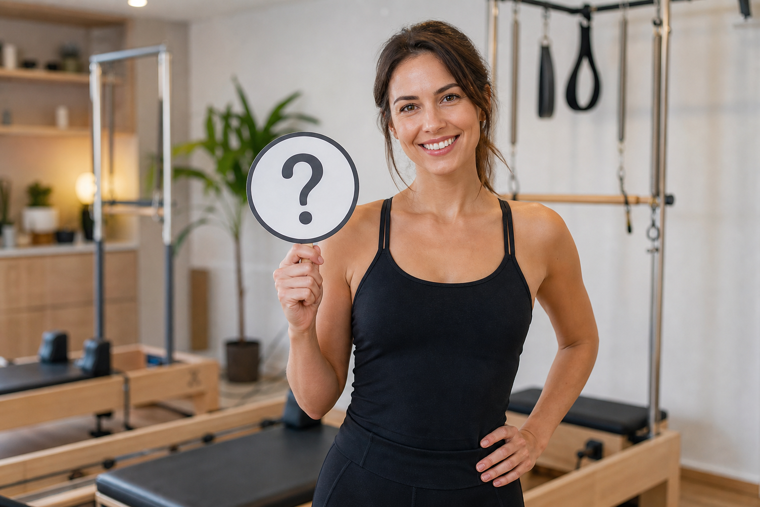 A friendly female pilates instructor holding a small sign with a question mark icon, standing in a s