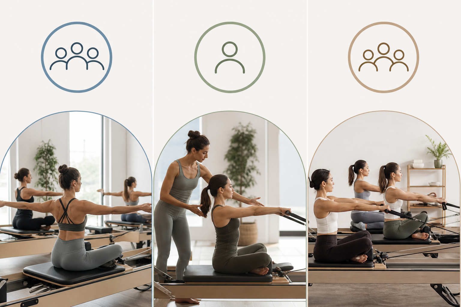 A clear, professional infographic illustration comparing three types of Pilates lessons: 'Group' sho