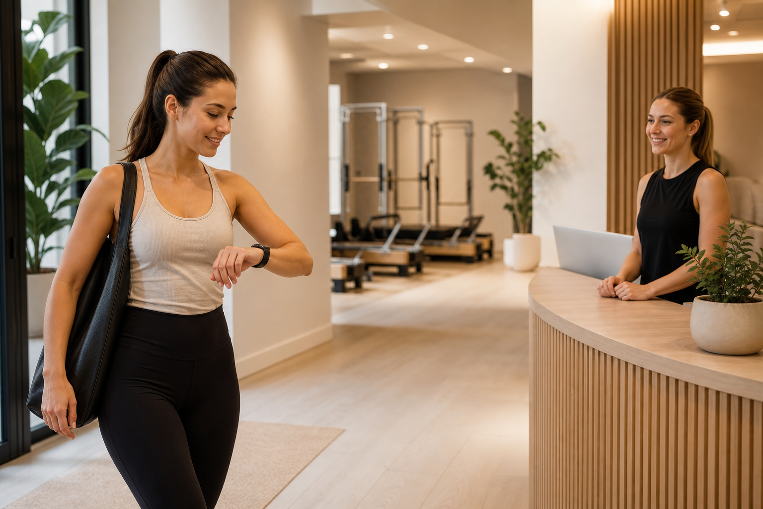 A conceptual illustration of a woman checking her watch as she walks into a clean, modern Pilates re