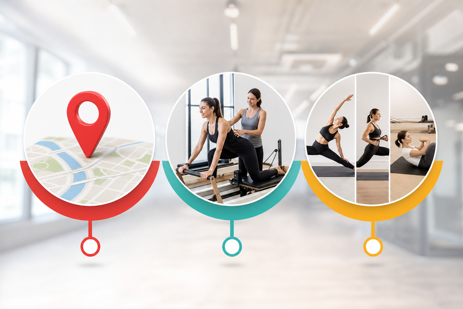 A professional infographic style illustration showing three icons representing 'Location/Access', 'T
