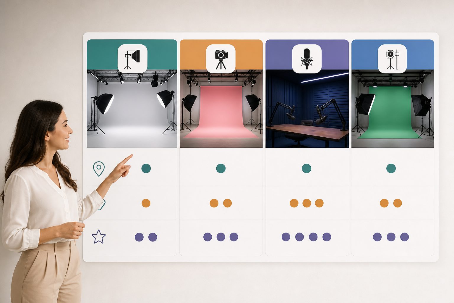 A clean, modern comparison table illustration showing 4 different studio cards with icons for 'Locat