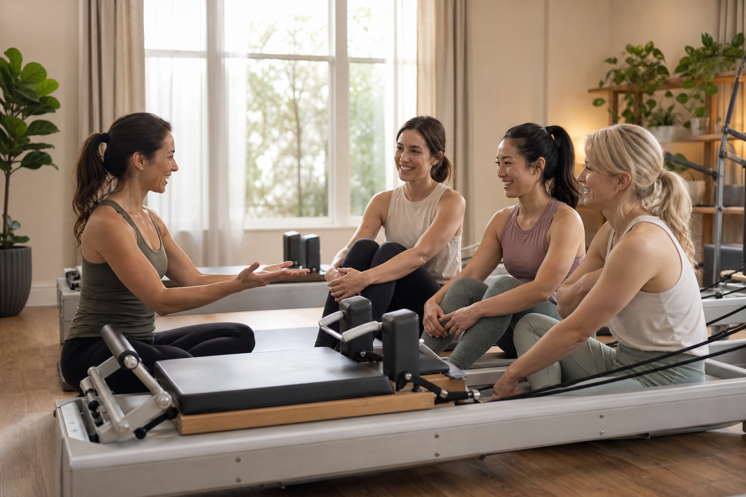 A friendly female instructor explaining how to use a Pilates reformer machine to a small group of 3 