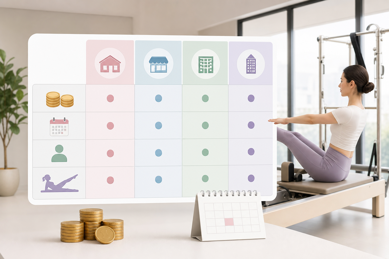 An infographic-style illustration showing a comparison table of Pilates studio costs in Japan, featu