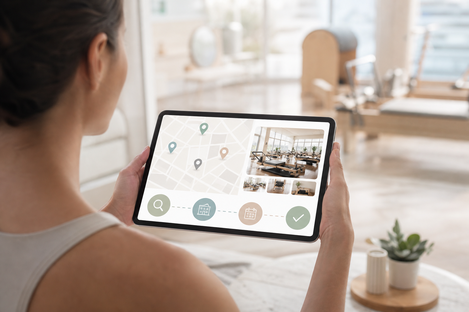 A conceptual illustration showing a person holding a tablet looking at a digital map and studio info