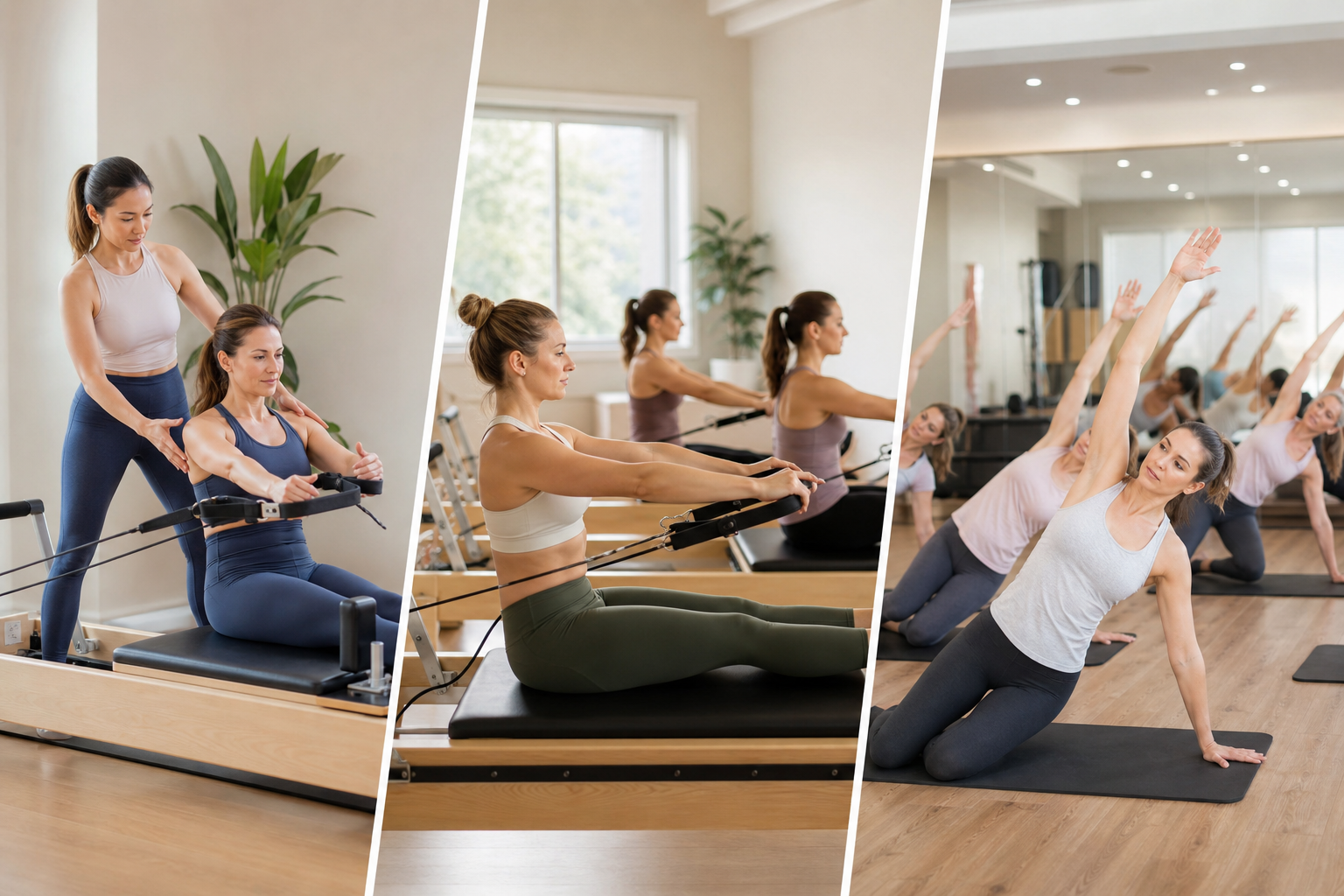 An informative illustration or infographic showing three distinct categories of Pilates: a woman doi