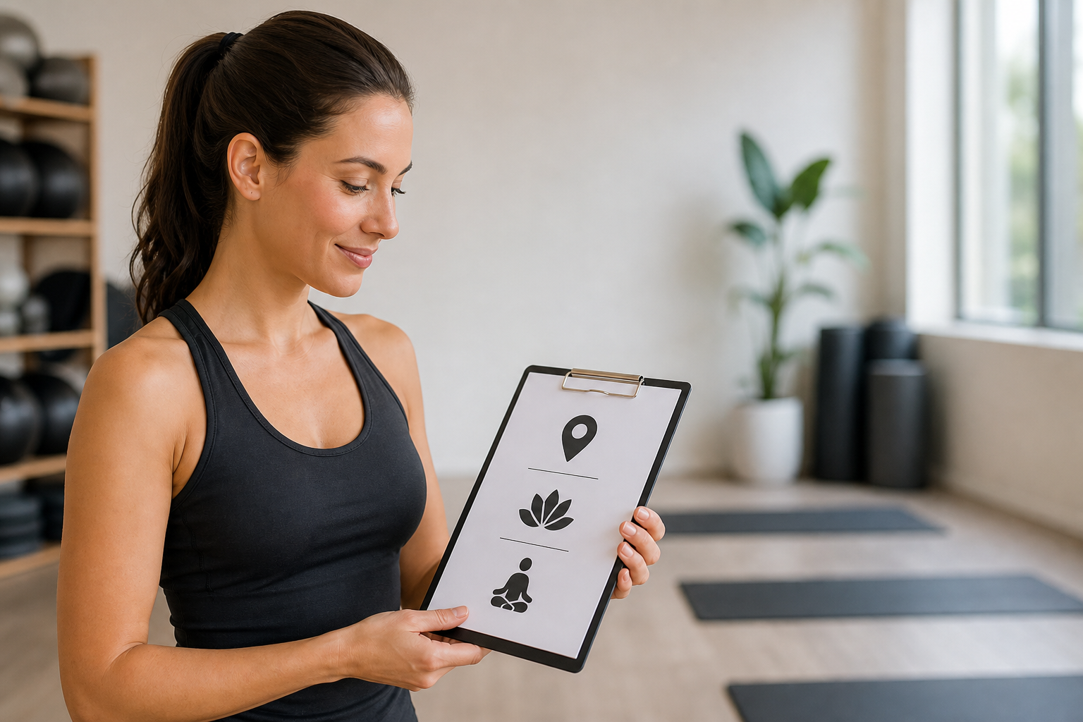A checklist-style illustration featuring an active woman looking at a professional clipboard with ic