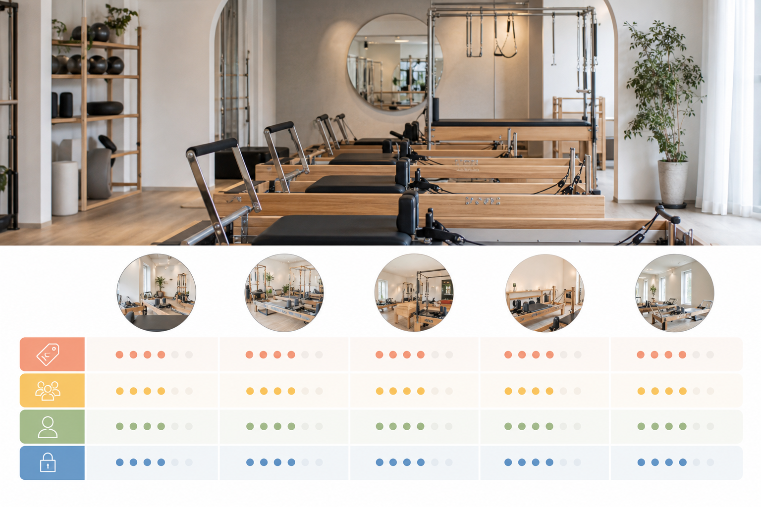 A clear, organized comparison chart design showing columns for studio features like 'Price', 'Class