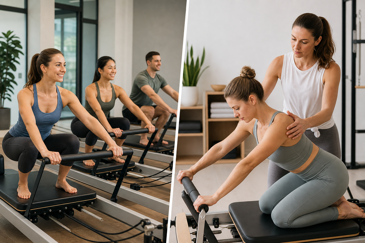 A comparative infographic showing the benefits of group vs. private Pilates lessons. On one side, a 