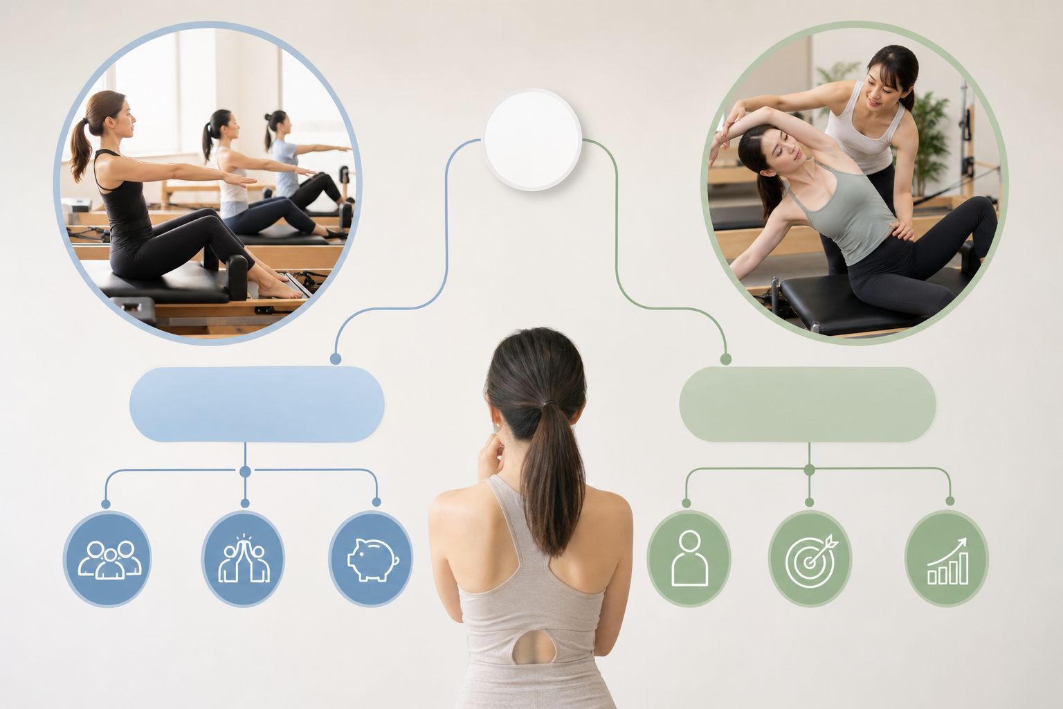 An illustration showing a flowchart comparing 'Group Lesson' and 'Personal Lesson' for Pilates, simp
