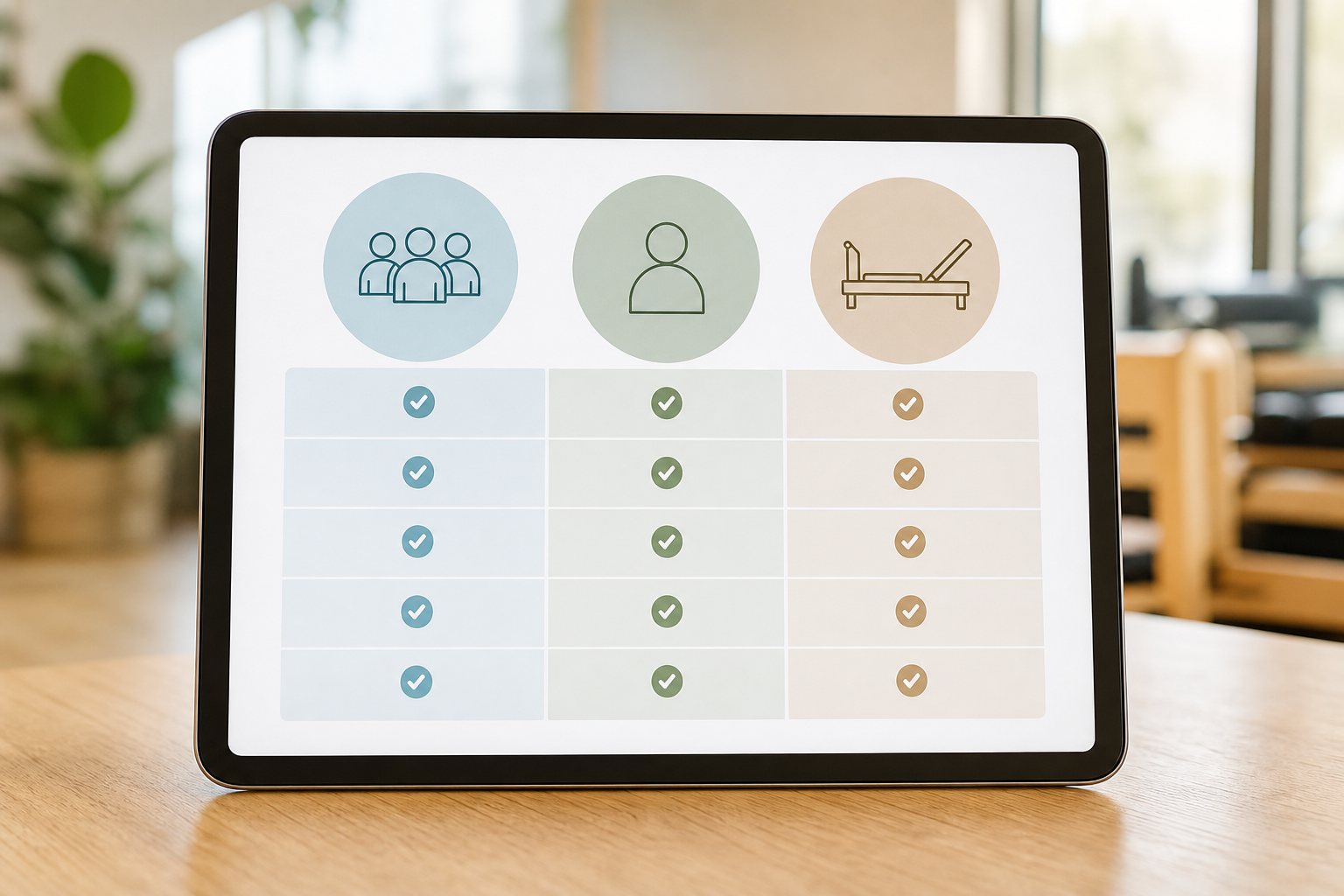 A clean, easy-to-read comparison table design displayed on a digital tablet screen, featuring icons
