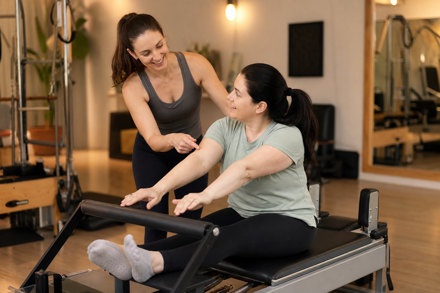 A friendly female Pilates instructor guiding a beginner on a reformer machine, the instructor is smi