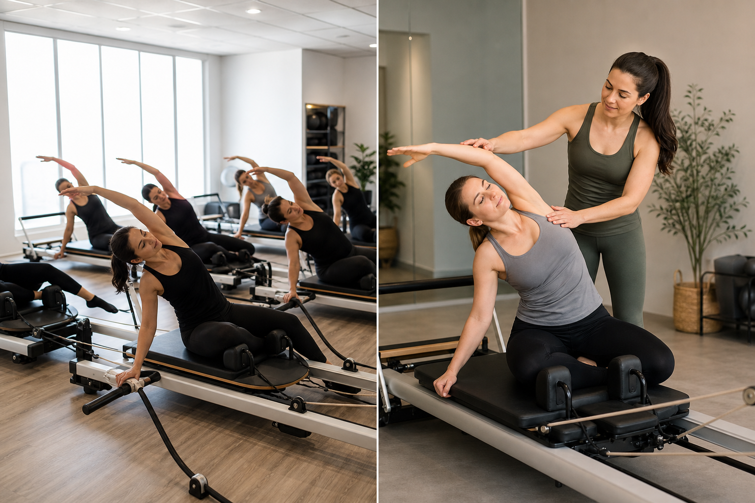 An illustration or high-quality image comparing a group Pilates class with multiple people on reform