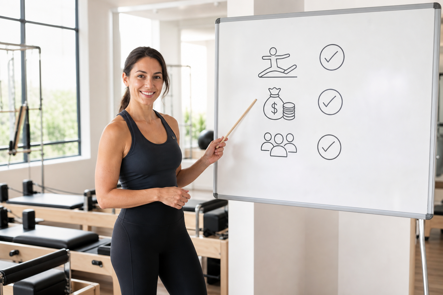 A friendly and professional female Pilates instructor standing in a bright, modern studio, pointing