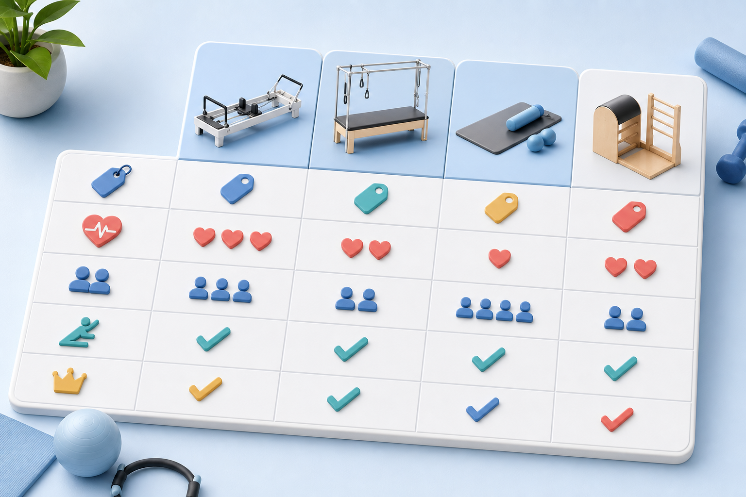 A clear, clean 3D isometric infographic showing a comparison table of different Pilates studio optio